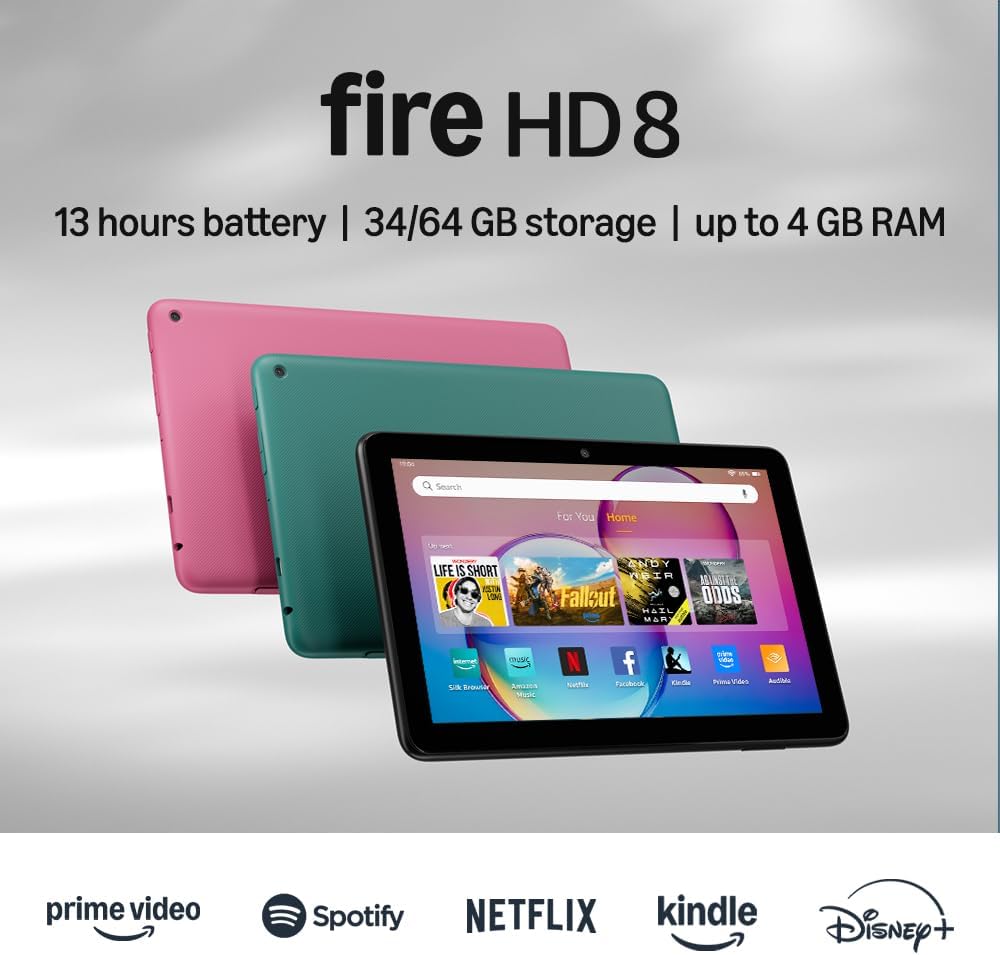 Amazon Fire HD 8 tablet, 8” HD Display, 3GB memory, 32GB, designed for portable entertainment, Black, (2024 release), without lockscreen ads